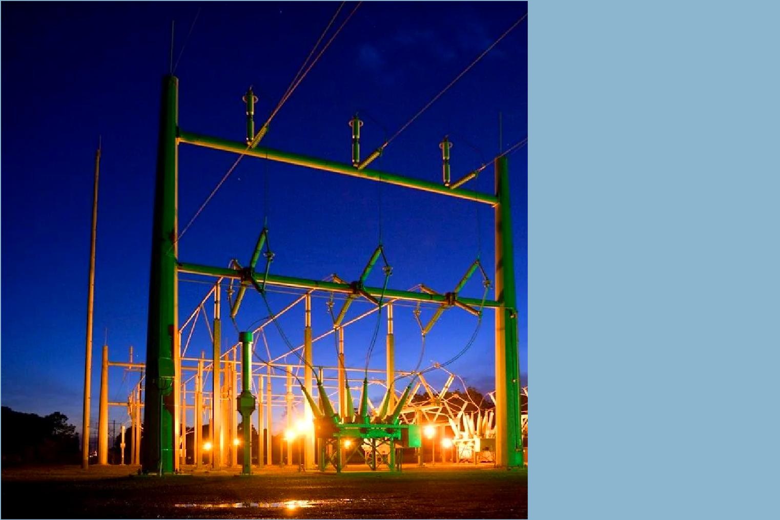 High voltage substation equipment at night